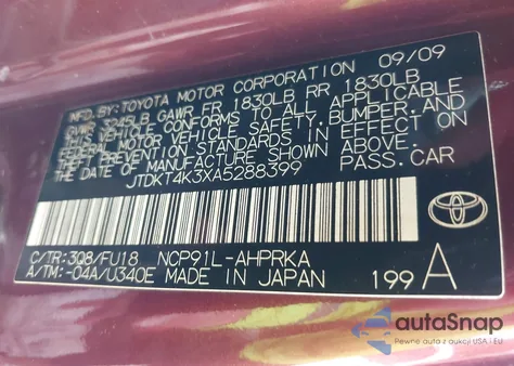 2010 Toyota Yaris from USA, damaged, VIN JTDKT4K3XA5288399